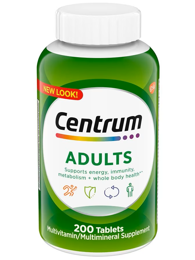 Centrum para adultos (Mujer y Hombre) 200 tabletas. 23 micronutrientes. vitamina D3, B, C, E,  hierro, zinc, antioxidantes. Multivitaminico