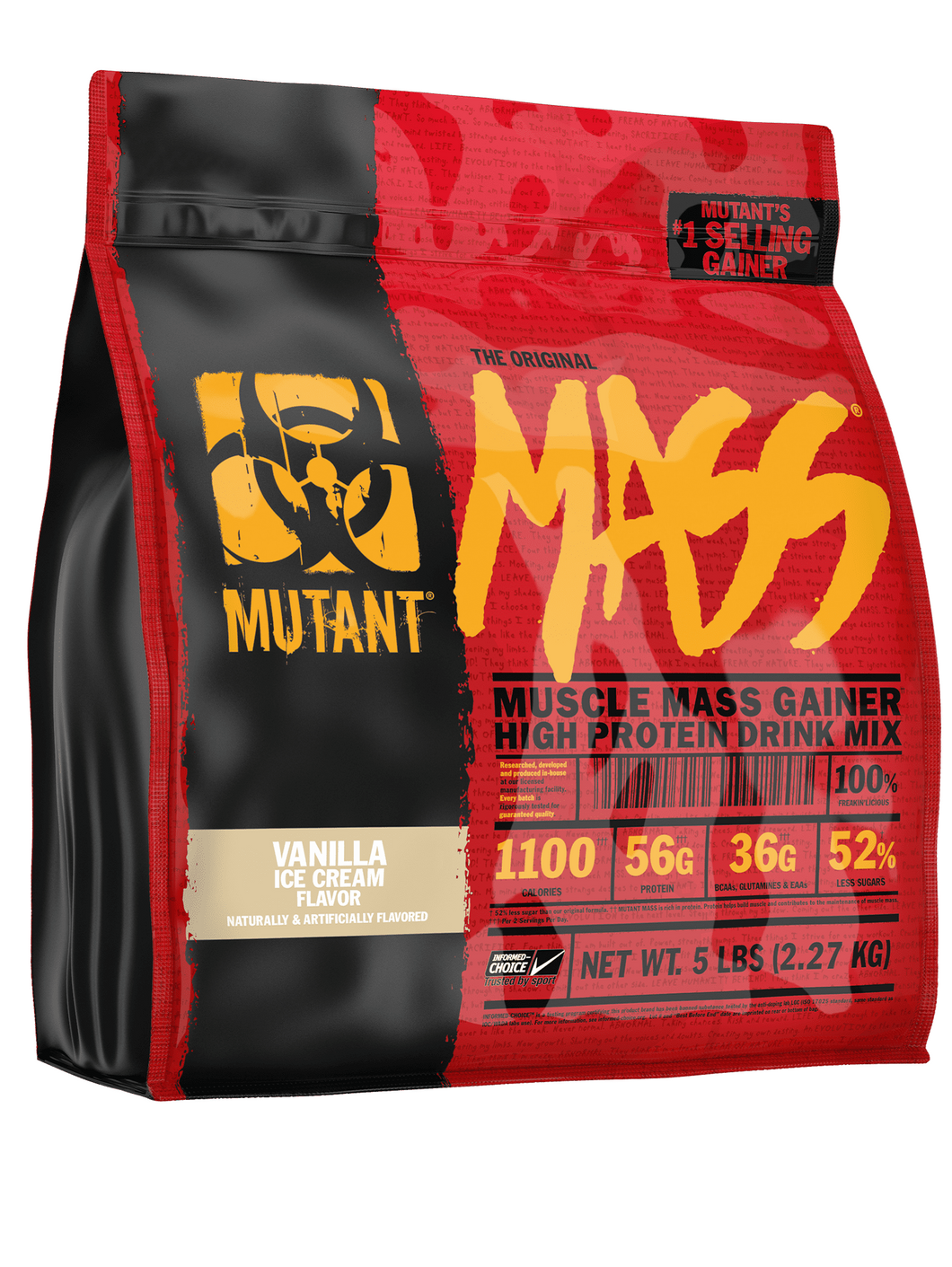Mutant Mass, Proteina en polvo, 56 gramos de proteina, 36g BCAA, glutamina, EAA, 1100 calorias, 5 libras