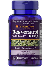Cargar imagen en el visor de la galería, Resveratrol 100 mg, anti envejecimiento, antioxidante, protege tu corazón y regula colesterol, 120 softgels
