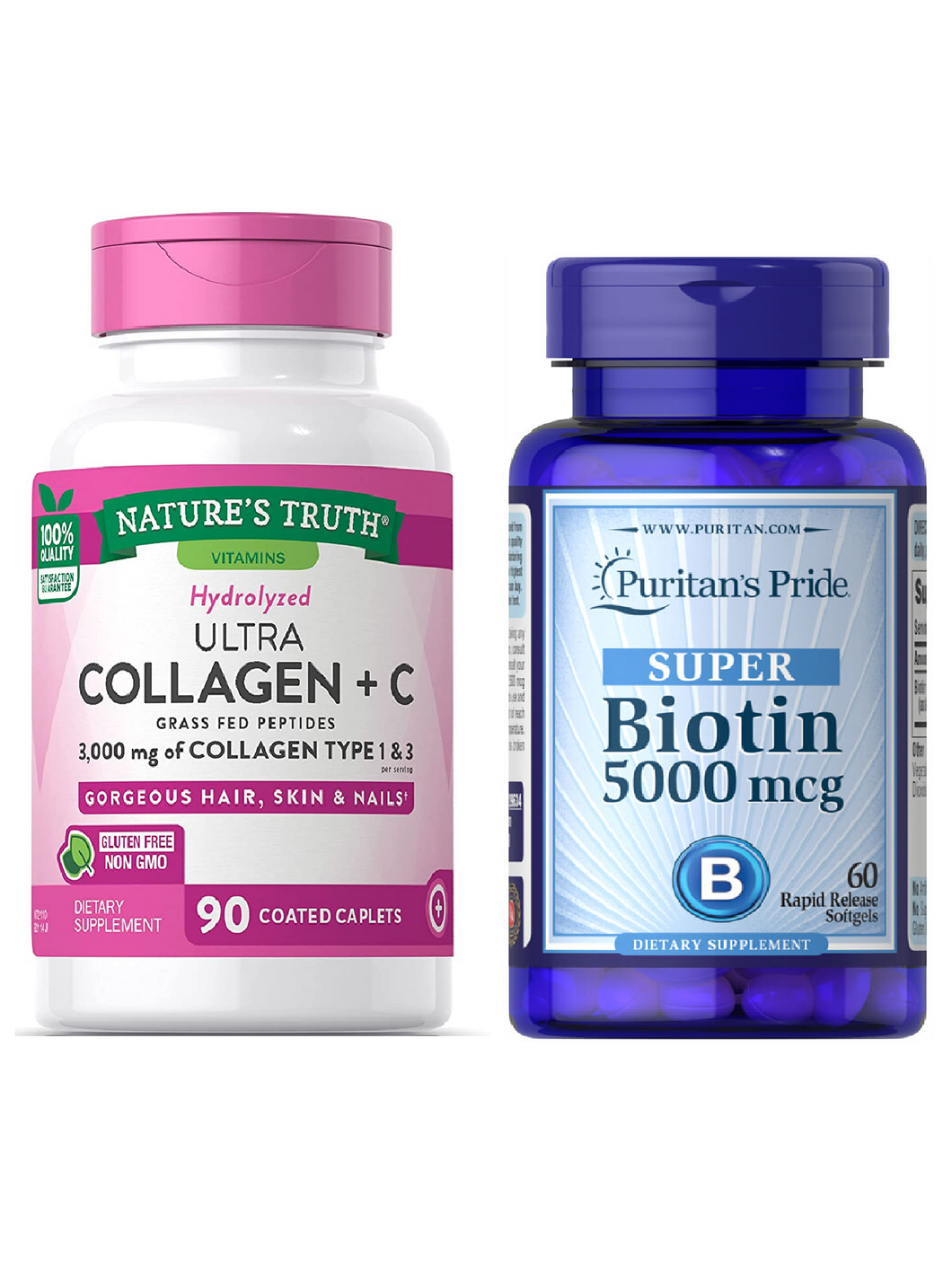 COMBO OFERTA: Biotina + Colágeno. Biotina de 5000 mcg de 50 cápsulas. Colágeno de 3000 mcg de 90 tabeltas
