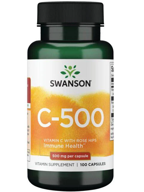 Vitamina C, 500 mg. Defensas, antioxidante. Swanson. 100 cápsulas.