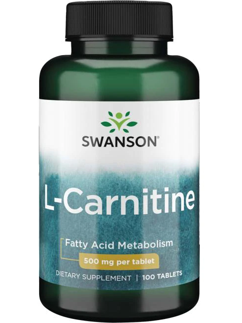 L-Carnitina:  Convierte la grasa en energía. Reduce fatiga, ayuda a la recuperación post ejercicio. Swanson. 500 mg. 100 tabletas
