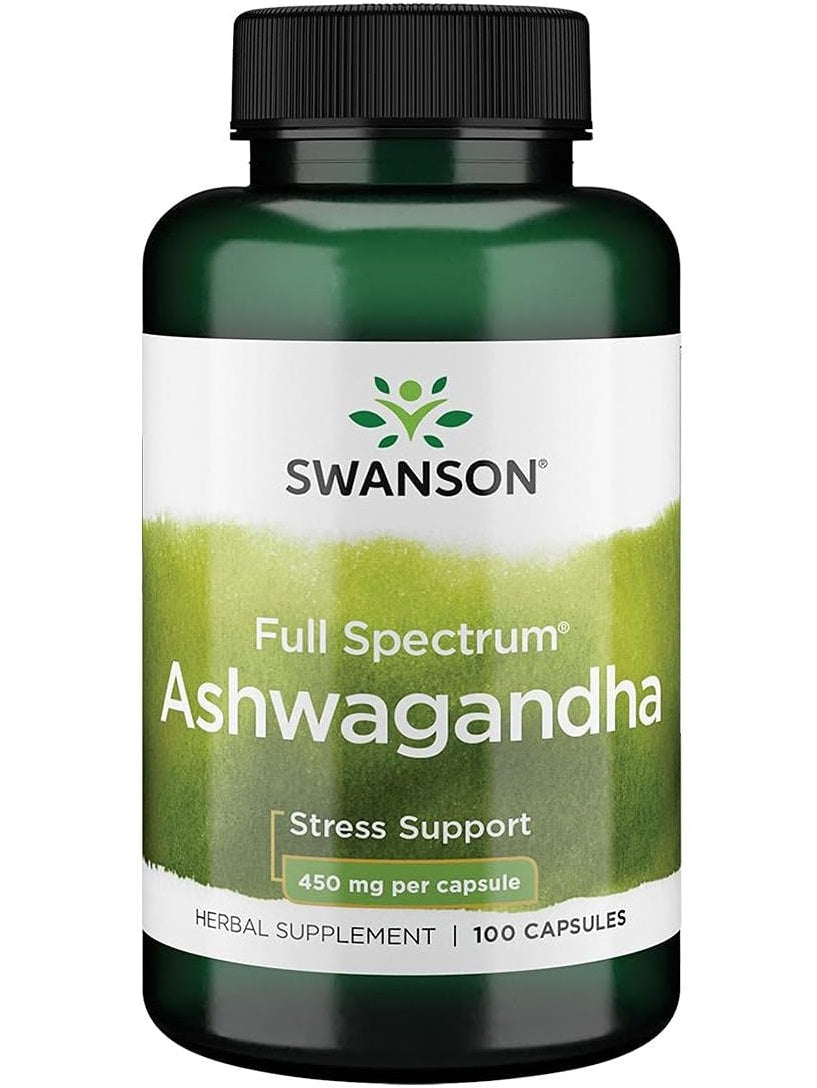 Ashwagandha, Swanson, 450 mg, mejora el sueño, disminuye el estrés y la ansiedad, 100 cápsulas.