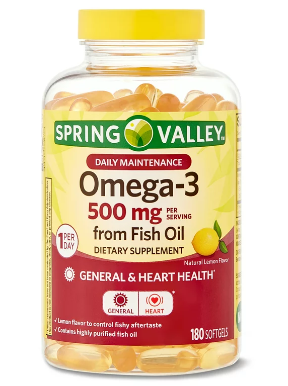 Omega 3, 500 mg, Spring Valley, Presentaciones: 180, 120, y 60 cápsulas.