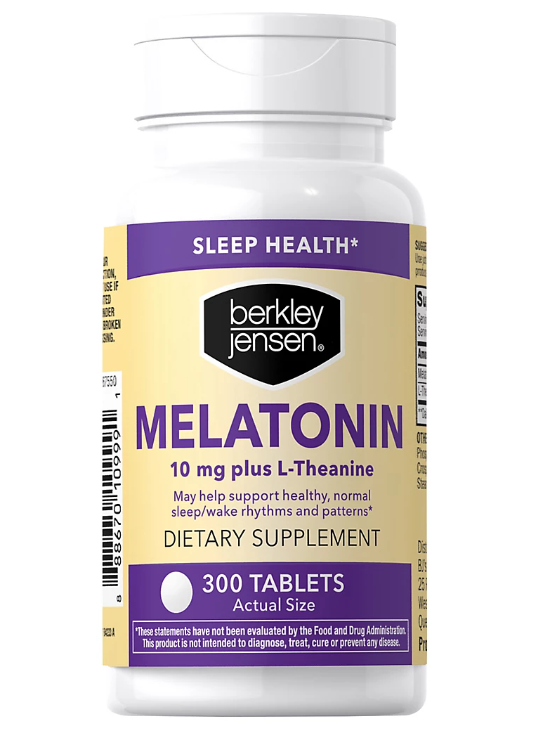 Melatonina de 10 mg con L-Teanina, para adultos, mejora el sueño, la concentración, y la relajación, Berkley Jensen, 300 tabletas