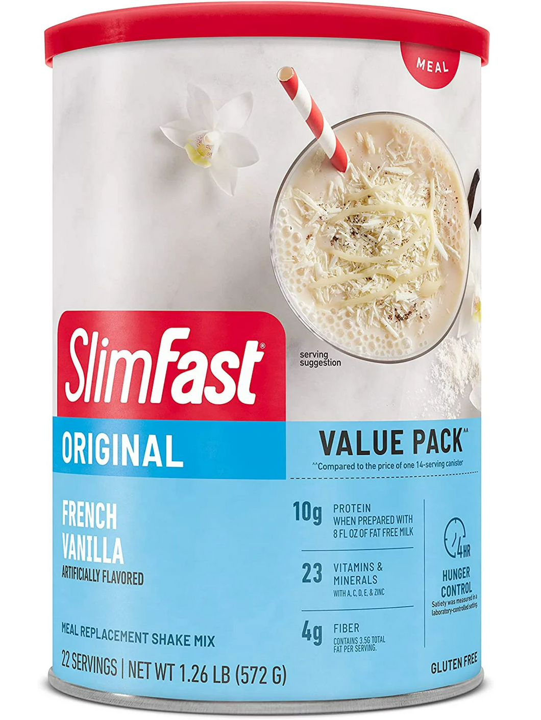 SlimFast sabor vainilla. Quita el hambre sin afectar tu salud, 23 vitaminas y minerales, 4g de fibra, 10g de proteína. Varios tamaños disponibles.