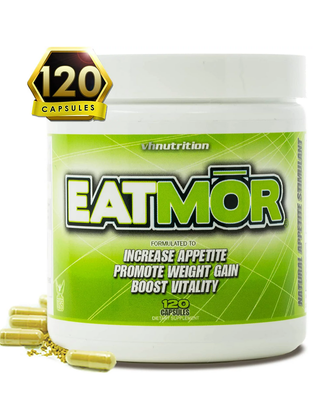 Estimulador de apetito EATMOR. Para comer más, aumentar de peso, aumenta vitalidad, mejora digestión. 120 cápsulas