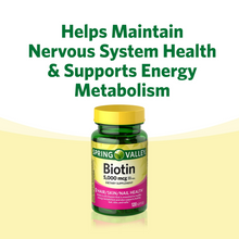 Cargar imagen en el visor de la galería, Biotina para la salud de tu pelo, piel, y uñas. Spring Valley. 10,000 mcg. 120 softgels
