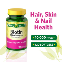 Cargar imagen en el visor de la galería, Biotina para la salud de tu pelo, piel, y uñas. Spring Valley. 10,000 mcg. 120 softgels
