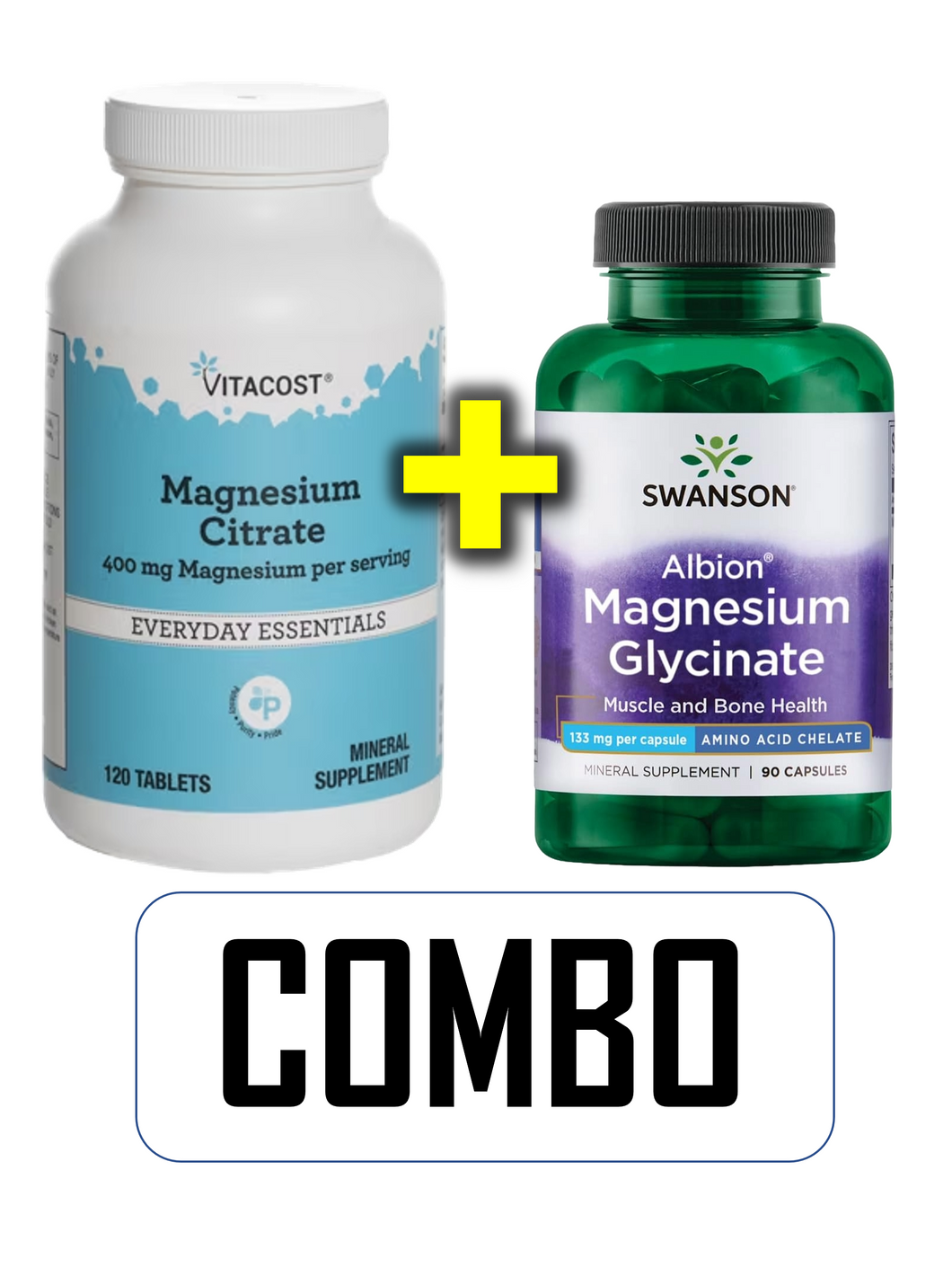 COMBO: Citrato de magnesio 400 mg, 120 tabletas +  Glicinato de Magnesio, Swanson, 90 cápsulas