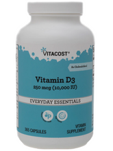 Cargar imagen en el visor de la galería, Vitamina D3, Vitacost, 250 mcg (10,000 IU) 365 cápsulas (dura todo un año)
