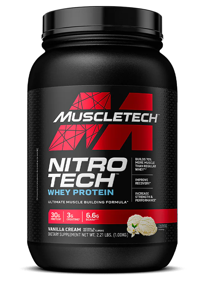 Proteína Whey Nitro Tech de Muscletech, amplía tu fuerza, recuperación y rendimiento.