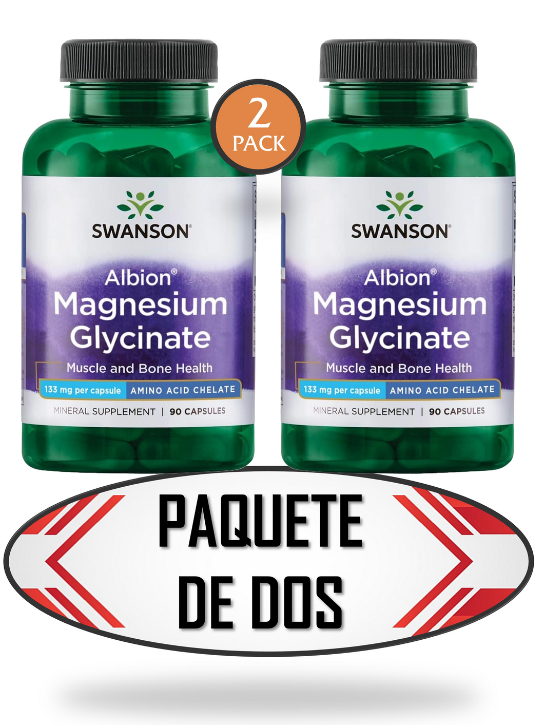 Glicinato de magnesio, Swanson, 90 cápsulas cada uno, (PAQUETE DE DOS)