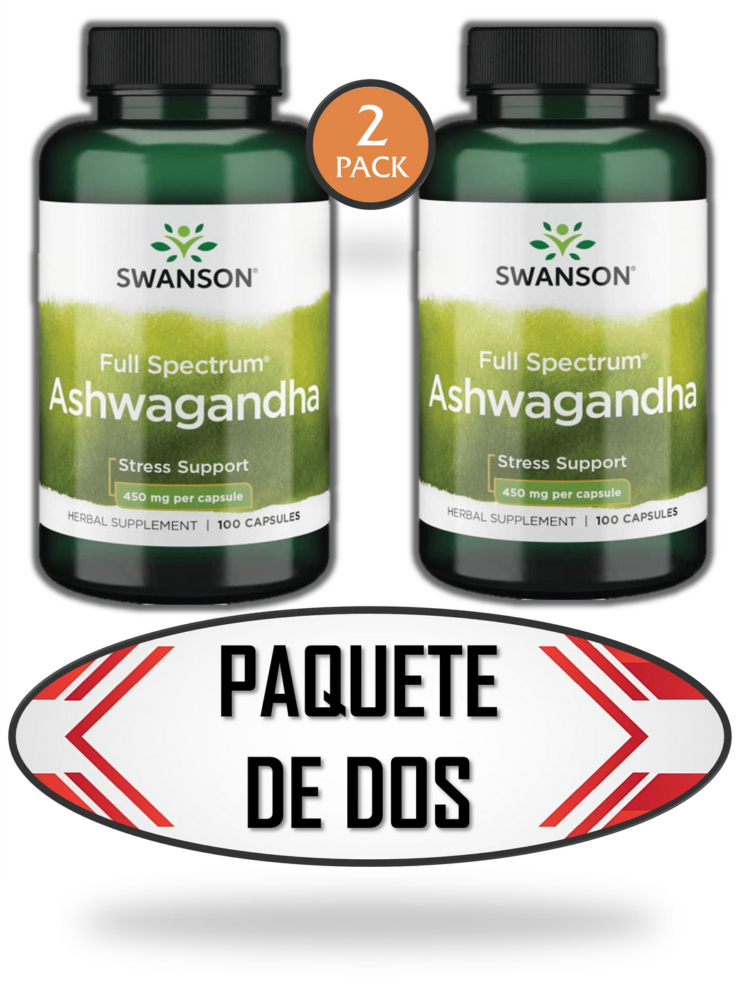 Ashwagandha, Swanson, 450 mg, mejora el sueño, disminuye el estrés y la ansiedad, PAQUETE DE DOS, 100 cápsulas cada envase