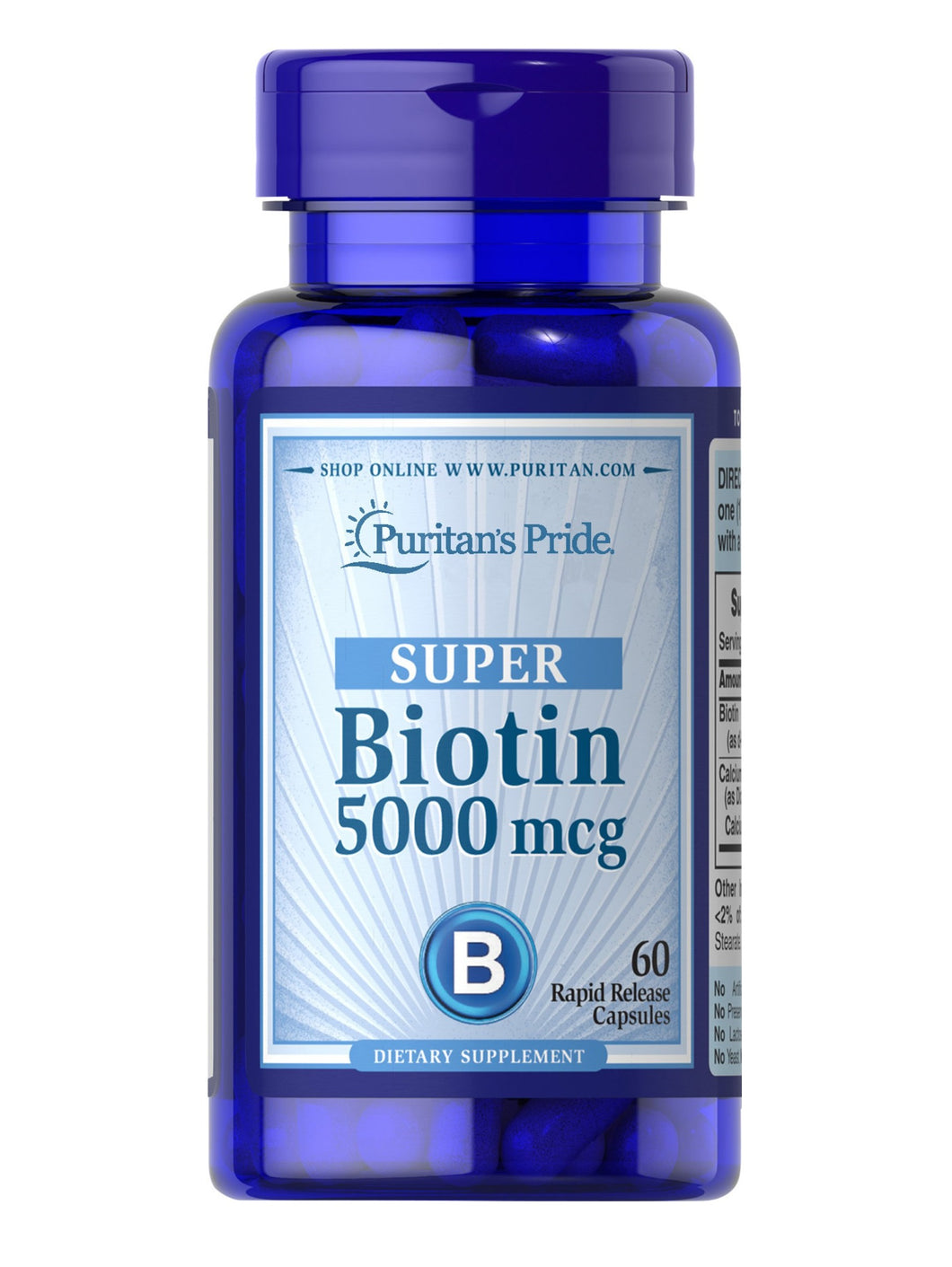 Biotina de 5,000 mcg. Puritan’s Pride. Presentaciones de 60 cápsulas