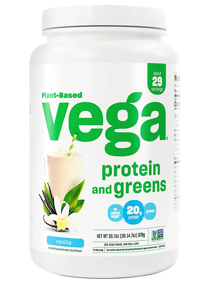 Proteína a base de plantas. Sin azúcar agregada. 20 gramos de proteína por servicio. Vega. 30 onzas