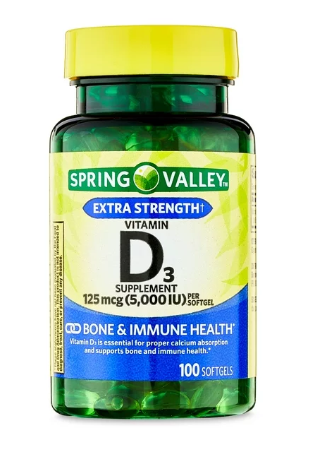 Vitamina D3, 125 mcg (5000 IU), Spring Valley, Varios tamaños disponibles