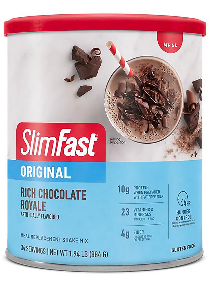 SlimFast sabor chocolate. Quita el hambre sin afectar tu salud, 23 vitaminas y minerales, 4g de fibra, 10g de proteína. 34 servicios