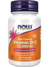 Cargar imagen en el visor de la galería, Vitamina D3, 250mcg, (10,000 IU), NOW, Varios tamaños disponibles
