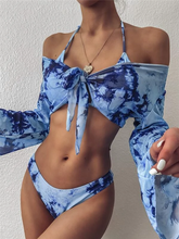 Cargar imagen en el visor de la galería, Bikini de tres piezas halter triángulo de tie dye con top corto
