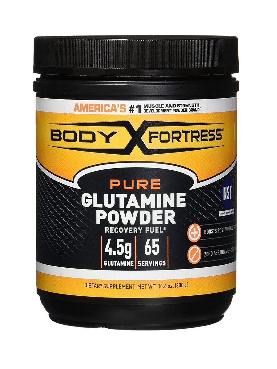 Glutamina Body Fortress 100 % pura en polvo, 10.6 oz. Uso antes o después del entreanamiento.