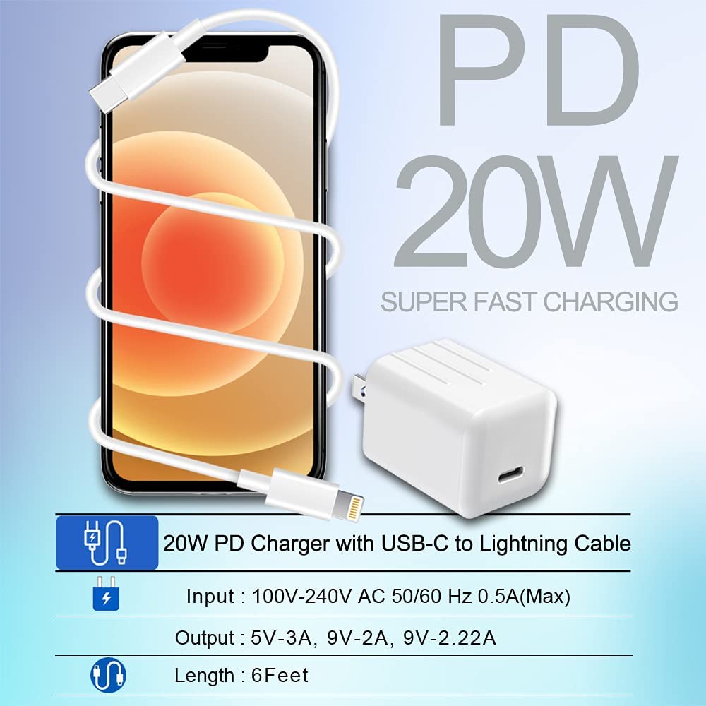  QZIIW Cargador de iPhone, cargador rápido para iPhone,  [certificado MFi], adaptador rápido para iPhone, cable de carga USB C a  Lightning de 6 pies, cargador de pared USB C de 20