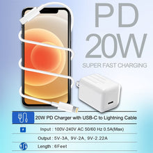 Cargar imagen en el visor de la galería, Cargador rápido para iPhone, [certificado Apple MFi] 20 W, tipo C, con cable USB-C a Lightning de 6 pies.
