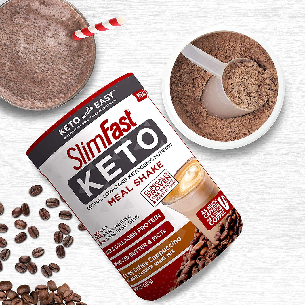 SlimFast KETO - Polvo para batido -  Reemplazo de comida - Dos sabores disponibles: Café Cremoso Cappuccino y  Vanilla Cake Batter- 13.3 oz - 10 porciones.