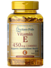 Cargar imagen en el visor de la galería, Vitamina E. Suplementa: Piel, antioxidante, antienvejecimiento, sistema inmune. Puritans Pride. De 50 y de 100 cápsulas
