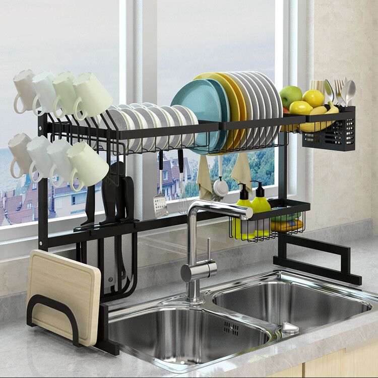  Escurridor de platos para colocar sobre el fregadero, ajustable  (26.8 a 34.6 pulgadas), escurridor de platos grande para encimera de cocina  con múltiples cestas para utensilios y esponjas, 2 niveles, 