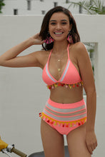Cargar imagen en el visor de la galería, Bikini rosa de cintura alta con inserciones de malla de pompones
