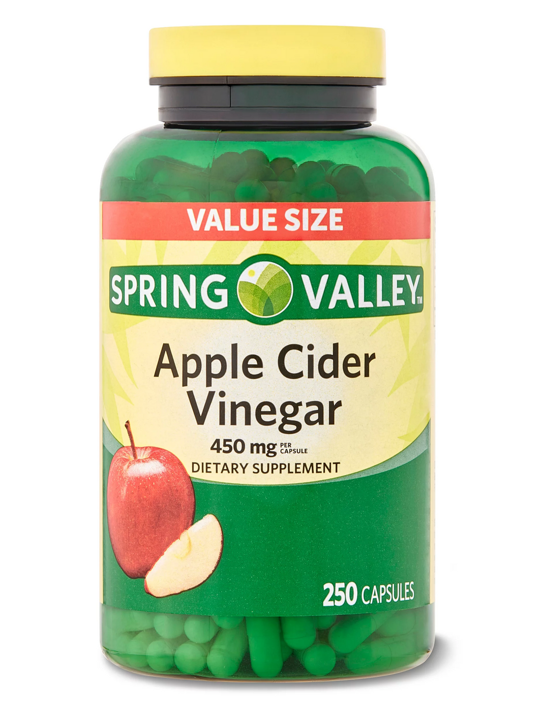 Vinagre de sidra de manzana. Spring Valley. Disponible en envase de 100 y de 250 cápsulas de 450 mg.